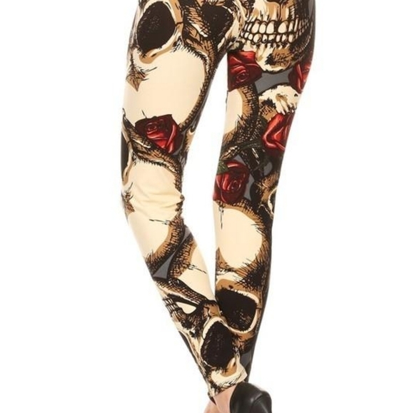 LEGGINGS DEPOT Full length Skull & Rose Print Halloween Leggings Size Small NWT - Picture 5 of 5